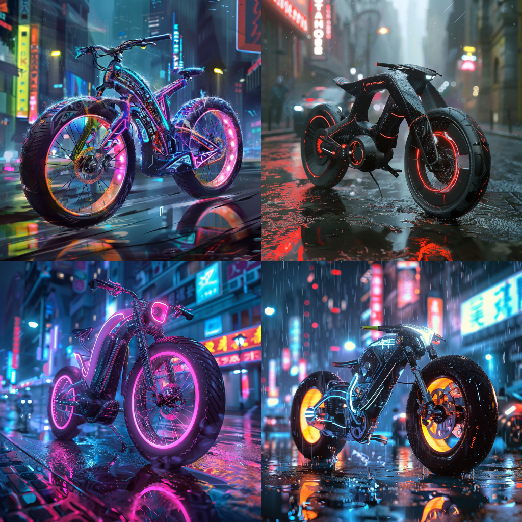Neljä Midjourneyn luomaa kuvaa polkupyörästä cyberpunk-tyyliin.