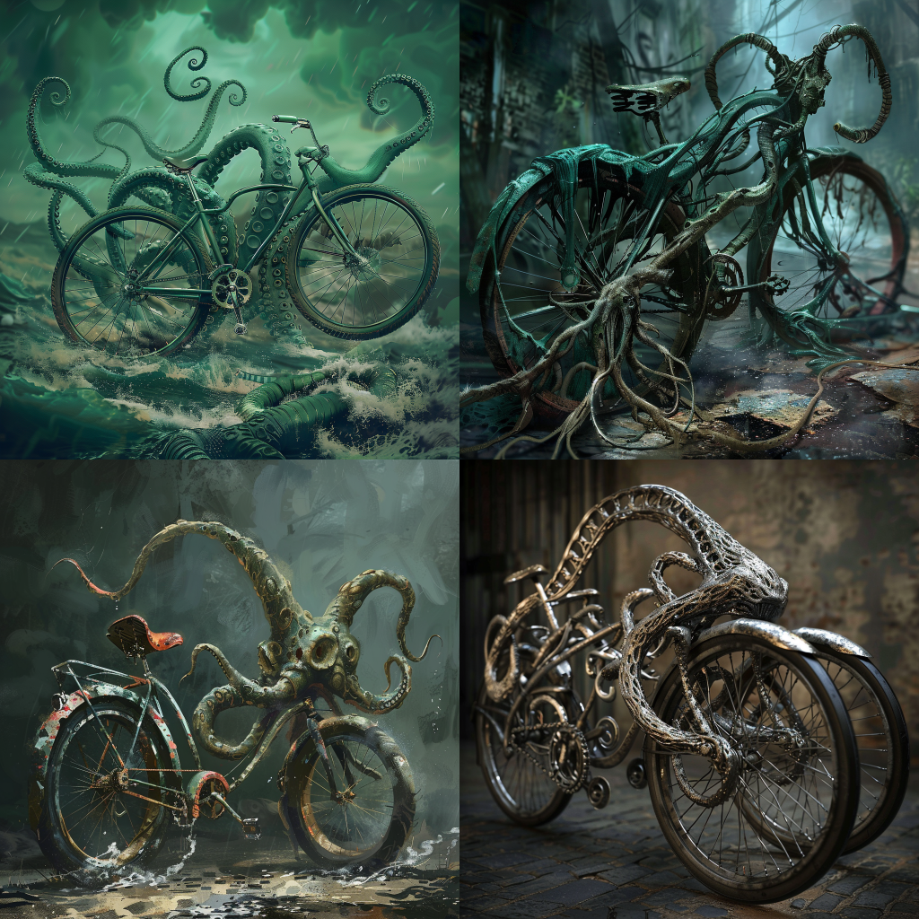 Neljä Midjourneyllä luotua kuvaa polkupyörästä lovecraft-tyyliin.