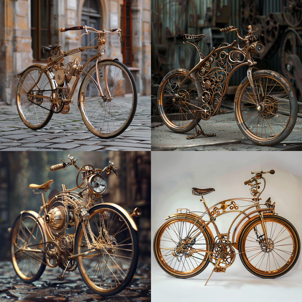 Neljä Midjourneyn luomaa kuvaa polkupyörästä steampunk tyyliin.