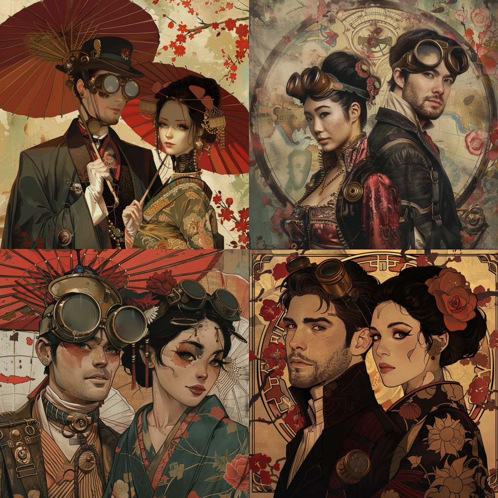 Neljä Midjourneyn luomaa kuvaa naisesta ja miehestä steampunk ja japanilaisen taiteen tyyliin.