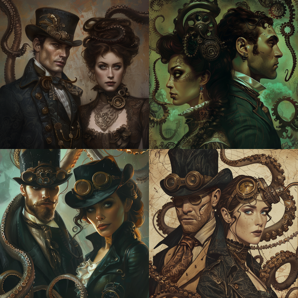 Neljä Midjourneyn luomaa kuvaa naisesta ja miehestä steampunk ja lovecraft tyyliin.
