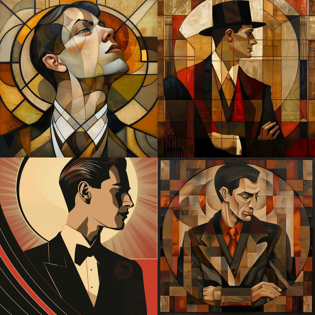 Neljä Midjourneyn luomaa kuvaa miehestä art deco -tyyliin.