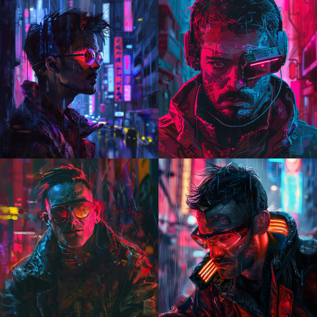 Neljä Midjourneyn luomaa kuvaa miehestä cyberpunk-tyyliin.