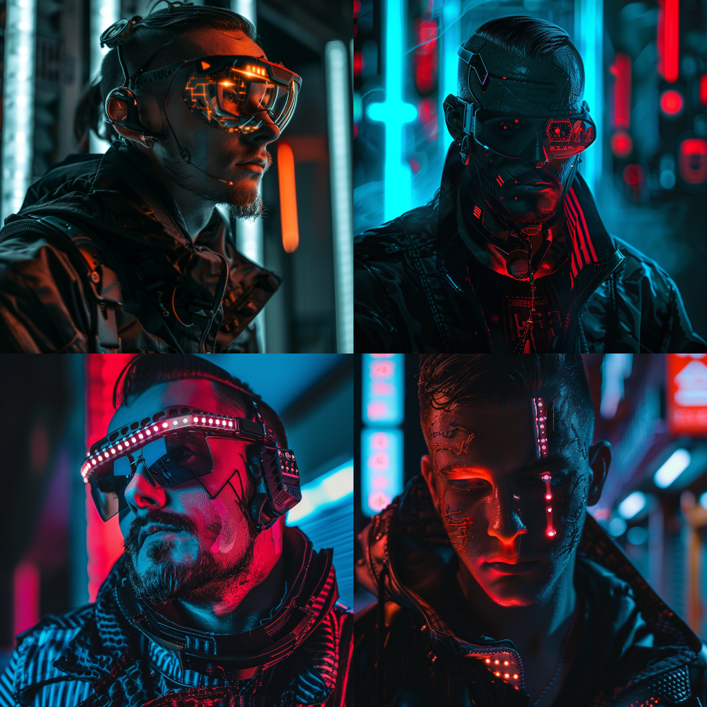 Neljä Midjourneyn luomaa kuvaa miehestä cyberpunk-tyyliin.