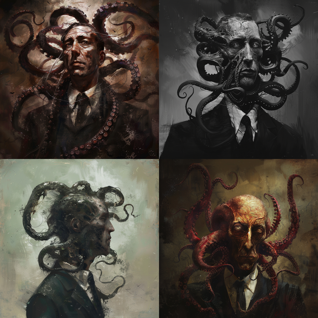 Neljä Midjourneyllä luotua kuvaa miehestä lovecraft-tyyliin.