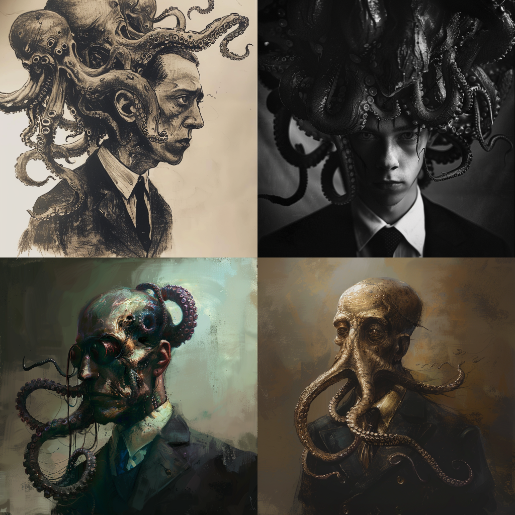 Neljä Midjourneyllä luotua kuvaa miehestä lovecraft-tyyliin.