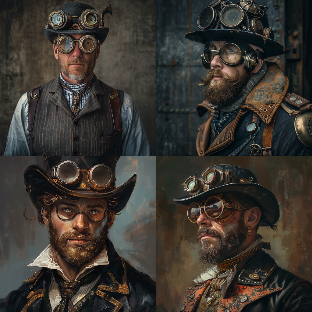 Neljä Midjourneyn luomaa kuvaa miehestä steampunk tyyliin.