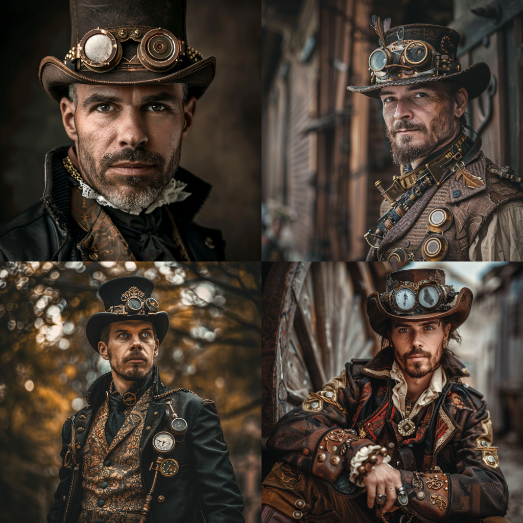 Neljä Midjourneyn luomaa kuvaa miehestä steampunk tyyliin.