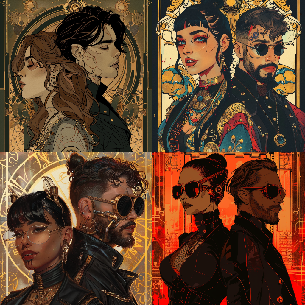 Neljä Midjourneyn luomaa kuvaa naisesta ja miehestä cyberpunk ja art nouveau tyyleillä.
