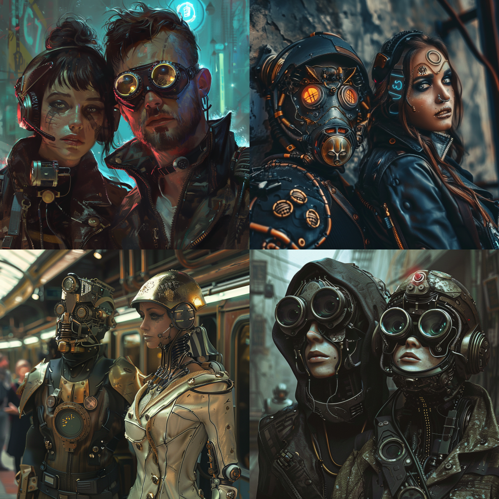 Neljä Midjourneyn luomaa kuvaa naisesta ja miehestä cyberpunk ja steampunk tyyleillä.