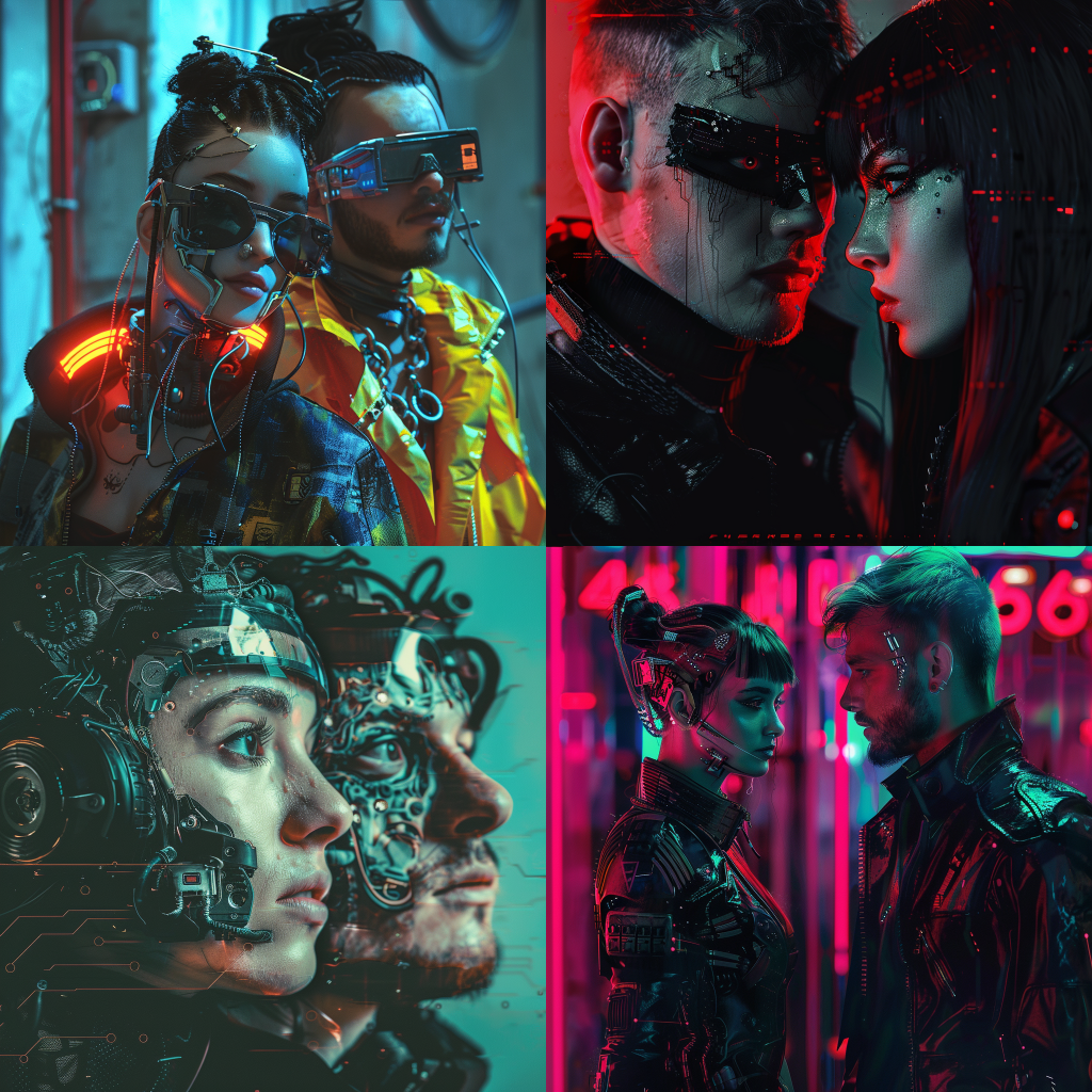 Neljä Midjourneyn luomaa kuvaa naisesta ja miehestä cyberpunk ja surrealismin tyyleillä.