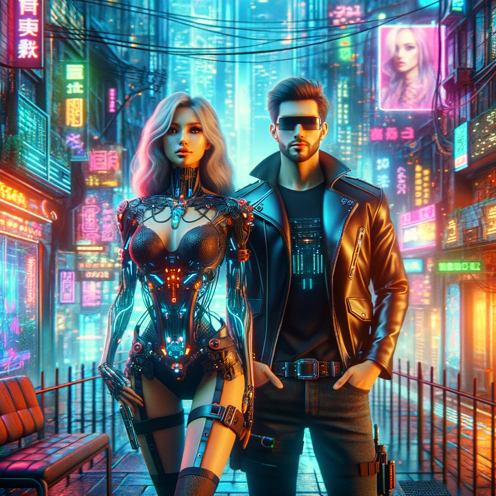 Nainen ja mies kuvattuna cyberpunk-tyyliin. Kuva DALL-E 3.