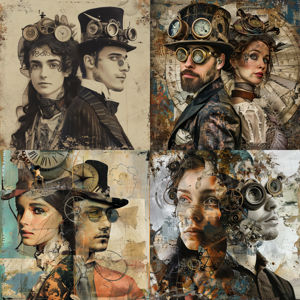 Neljä Midjourneyn luomaa kuvaa naisesta ja miehestä kollaasin ja steampunkin tyyliin.