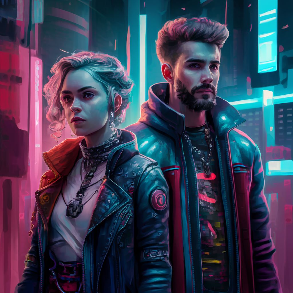 Nainen ja mies kuvattuna cyberpunk-tyyliin. Kuva Ideogram 1.0.