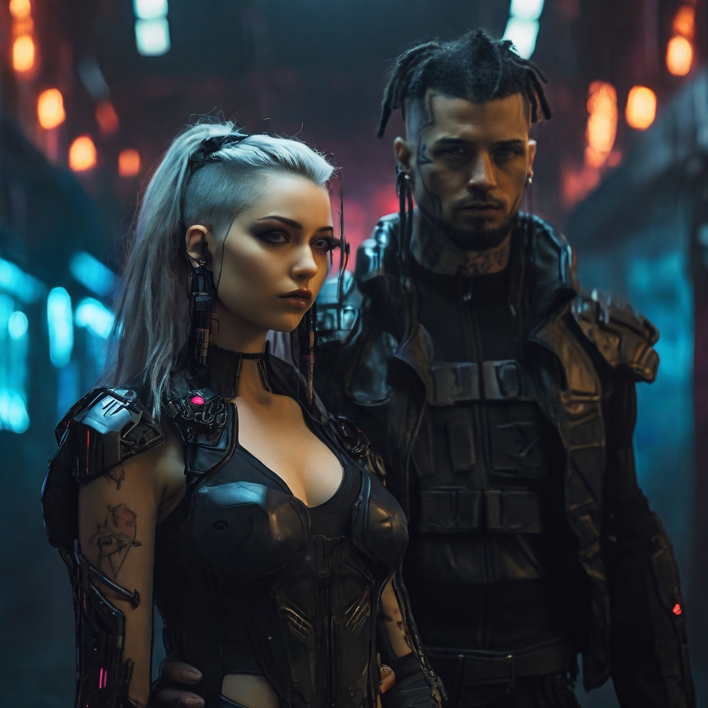 Nainen ja mies kuvattuna cyberpunk-tyyliin. Kuva Leonardo.ai.