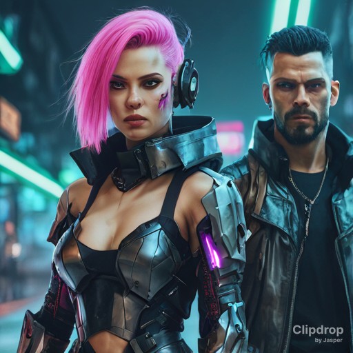 Nainen ja mies kuvattuna cyberpunk-tyyliin. Kuva Stable Diffusion XL Turbo.
