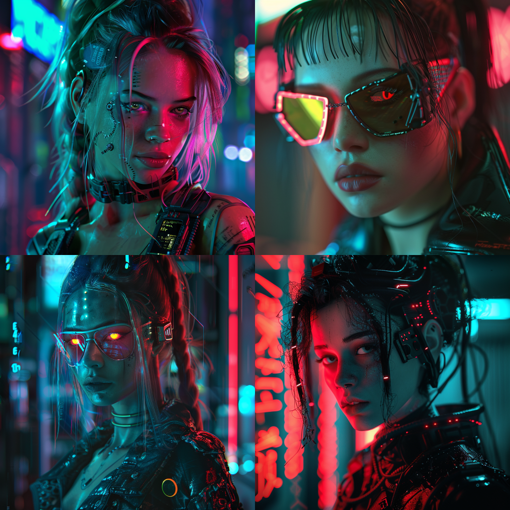 Neljä Midjourneyn luomaa kuvaa naisesta cyberpunk-tyyliin.