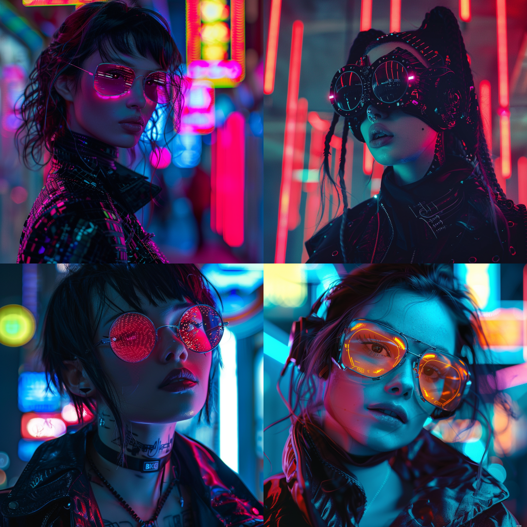 Neljä Midjourneyn luomaa kuvaa naisesta cyberpunk-tyyliin.