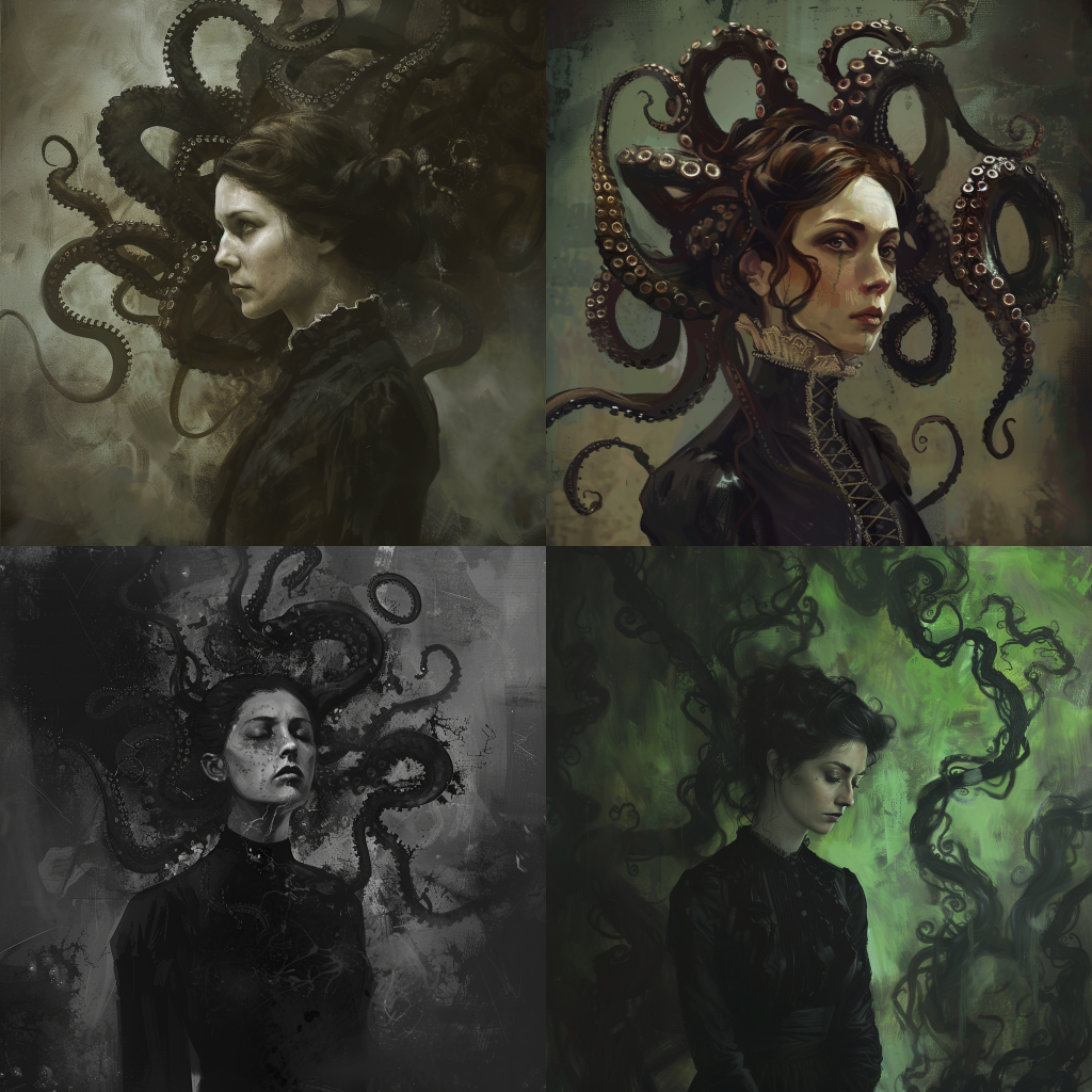 Neljä Midjourneyllä luotua kuvaa naisesta lovecraft-tyyliin.