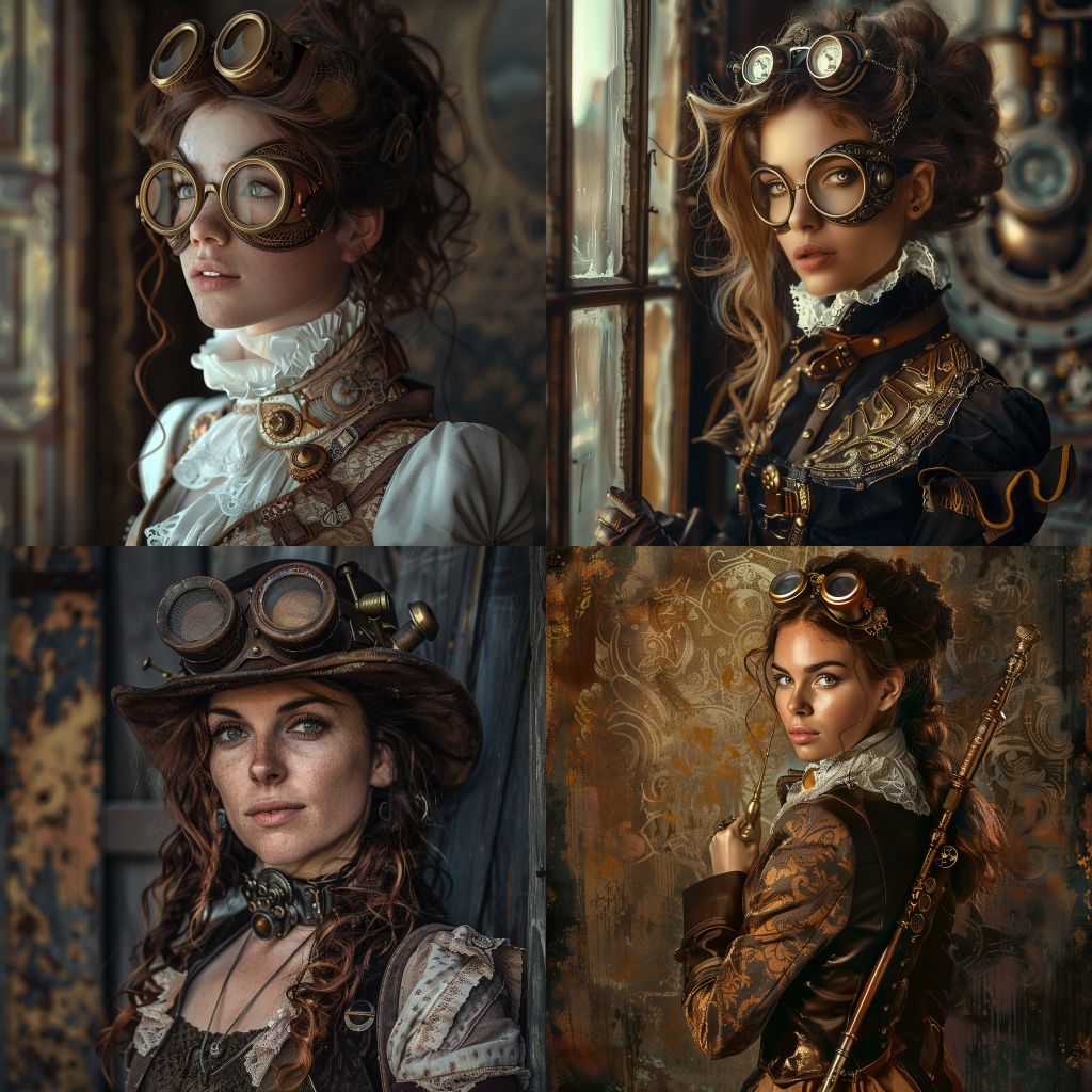 Neljä Midjourneyn luomaa kuvaa naisesta steampunk tyyliin.
