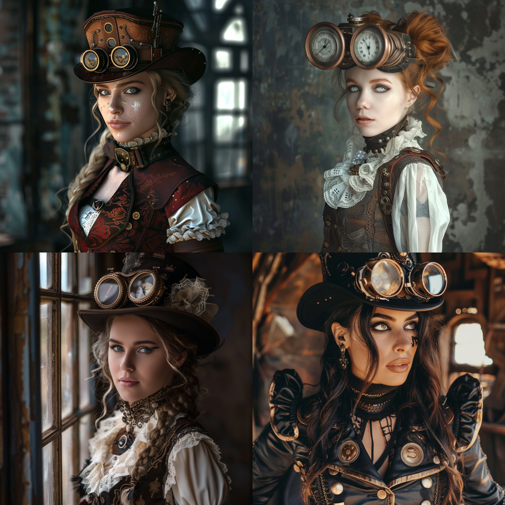 Neljä Midjourneyn luomaa kuvaa naisesta steampunk tyyliin.
