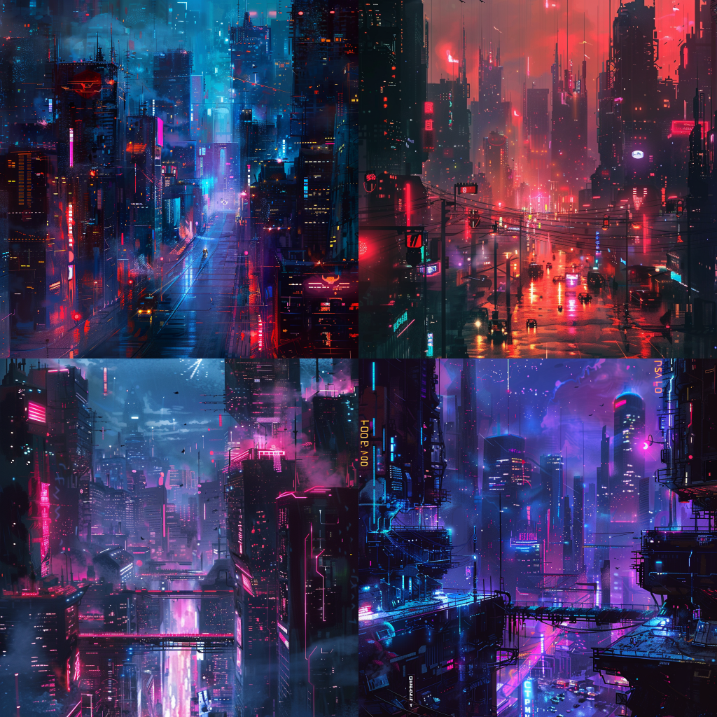 Neljä Midjourneyn luomaa kuvaa kaupunkimaisemasta cyberpunk-tyyliin.