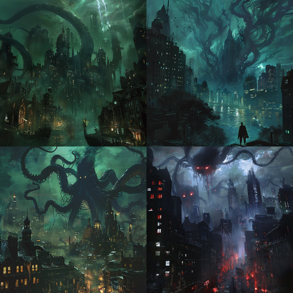 Neljä Midjourneyllä luotua kuvaa kaupunkimaisemasta lovecraft-tyyliin.