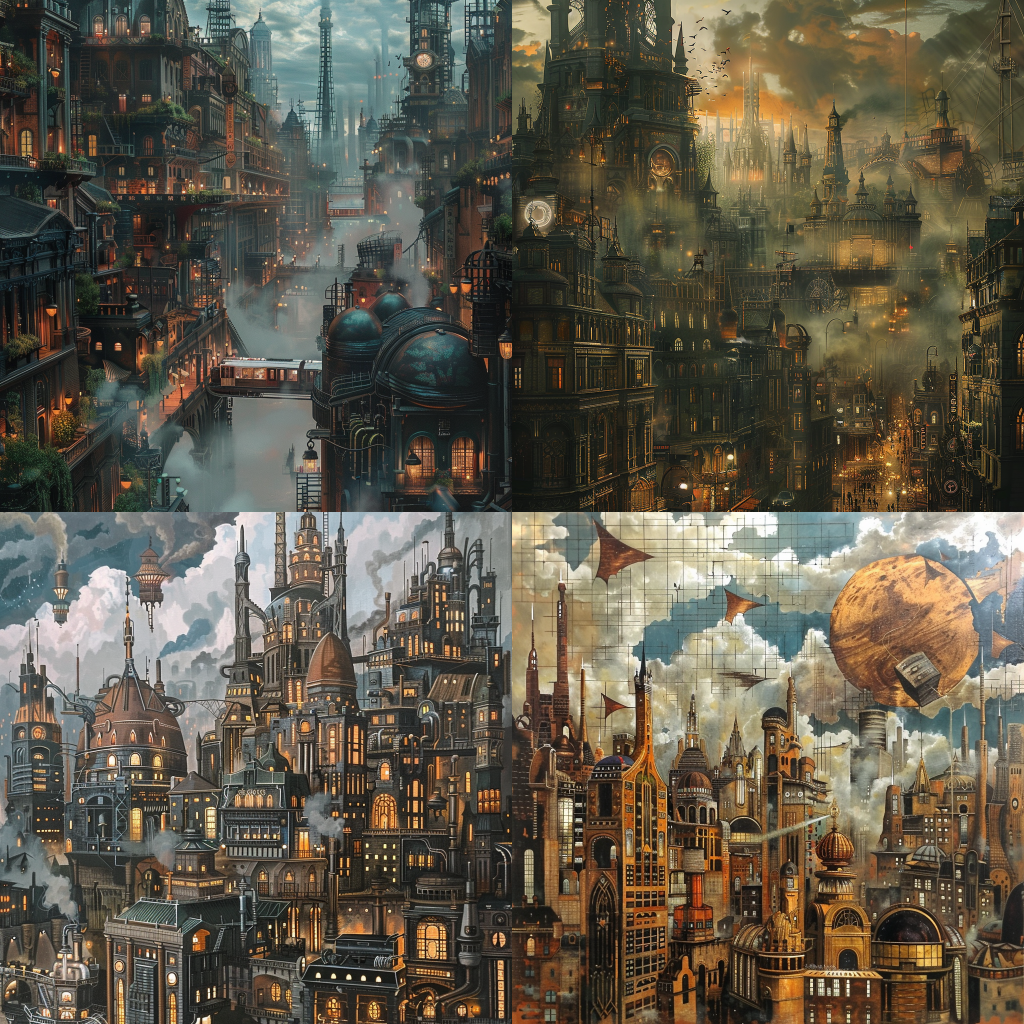 Neljä Midjourneyn luomaa kuvaa kaupunkimaisemasta steampunk tyyliin.