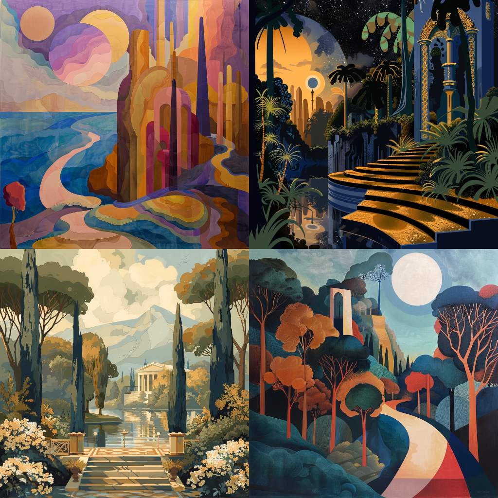 Neljä Midjourneyn luomaa kuvaa maisemakuvasta art deco -tyyliin.