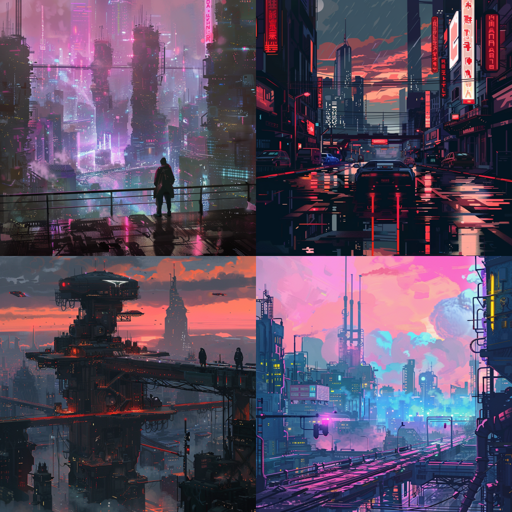 Neljä Midjourneyn luomaa kuvaa maisemakuvasta cyberpunk-tyyliin.