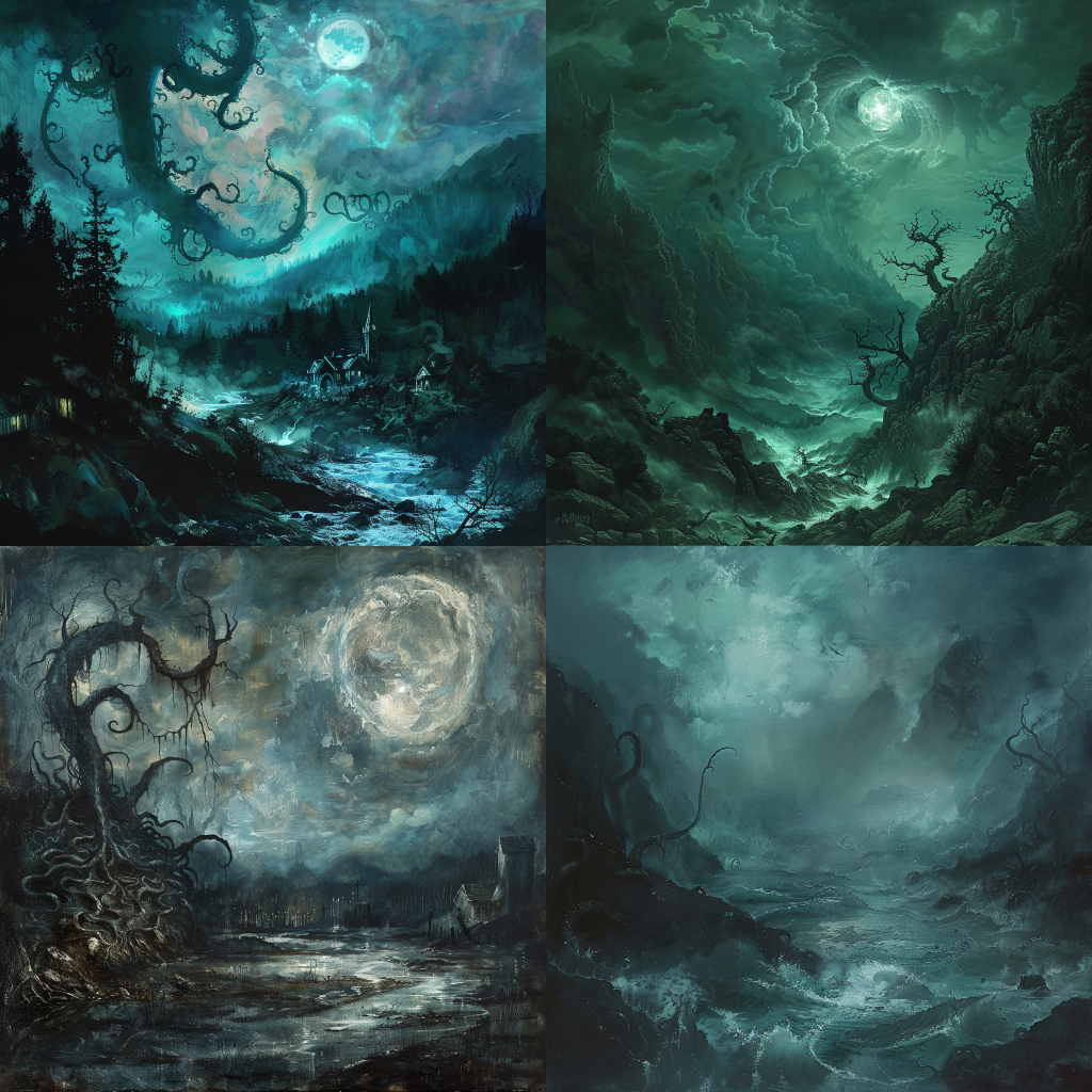 Neljä Midjourneyllä luotua kuvaa maisemakuvasta lovecraft-tyyliin.