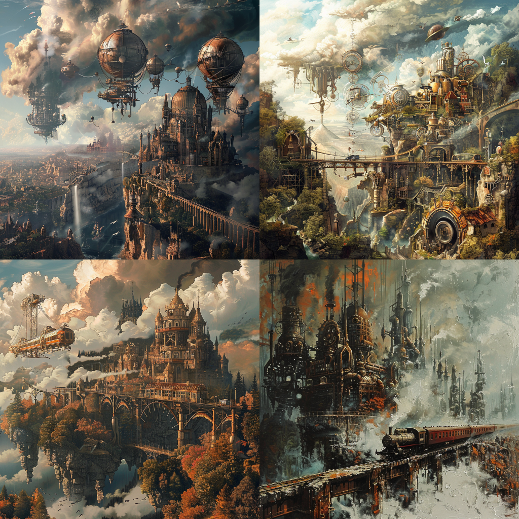 Neljä Midjourneyn luomaa kuvaa maisemakuvasta steampunk tyyliin.