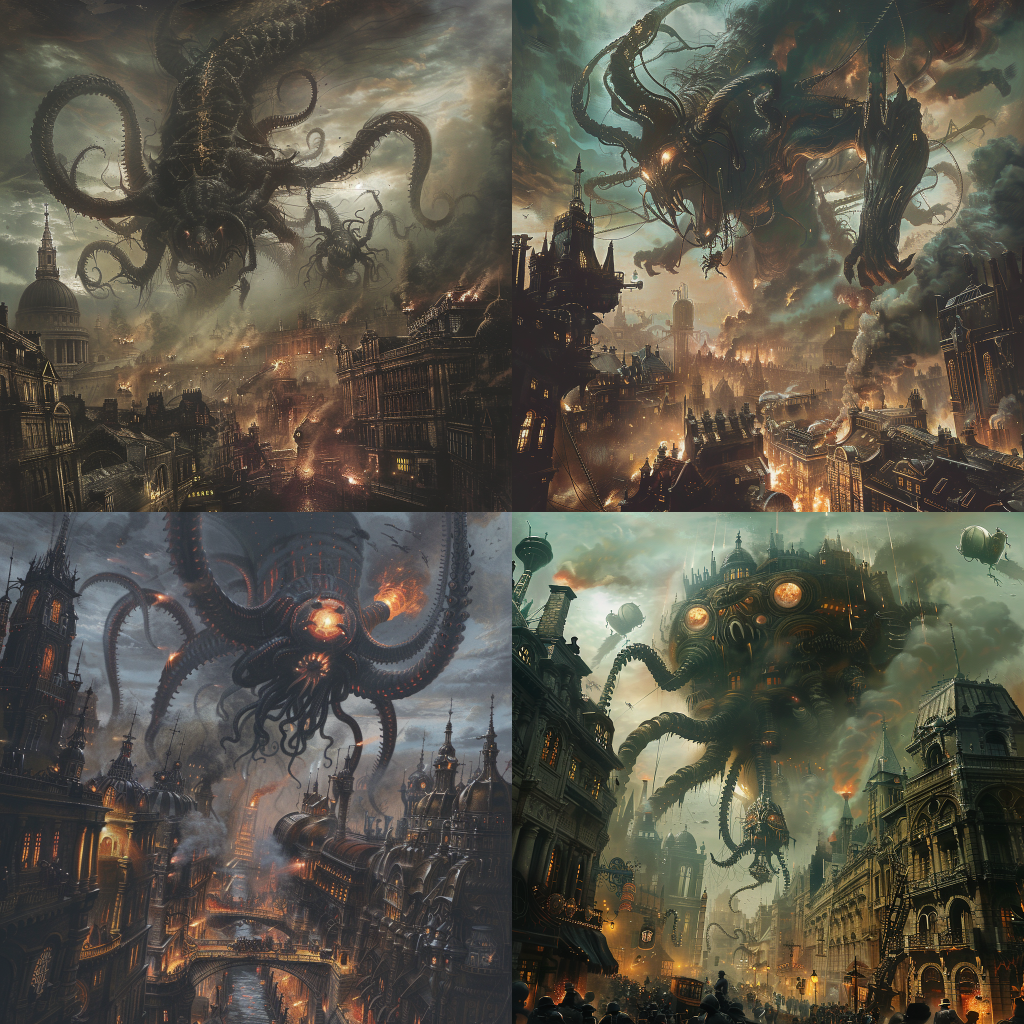 Neljä Midjourneyn luomaa kuvaa naisesta ja miehestä steampunk ja lovecraft tyyliin.