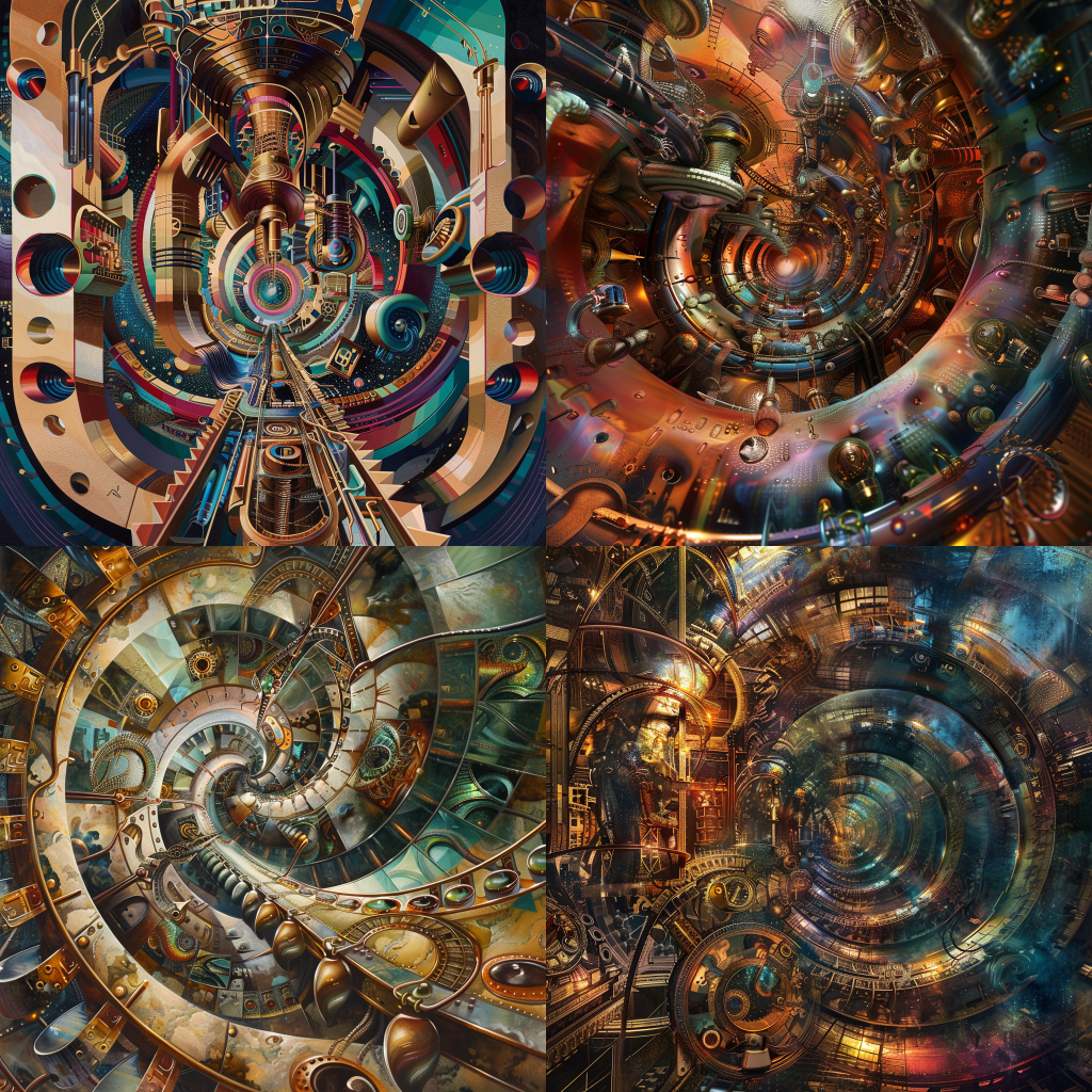 Neljä Midjourneyn luomaa kuvaa naisesta ja miehestä steampunk ja abstraktin ekspressionismin tyyliin.