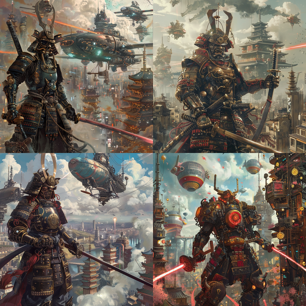 Neljä Midjourneyn luomaa kuvaa naisesta ja miehestä steampunk ja japanilaisen taiteen tyyliin.