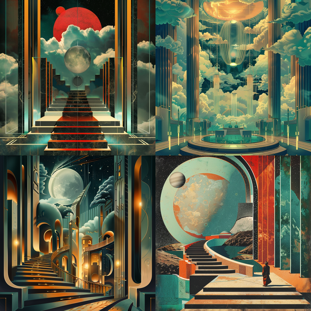 Neljä Midjourneyn luomaa kuvaa unenomaisesta surrealismista art deco -tyyliin.