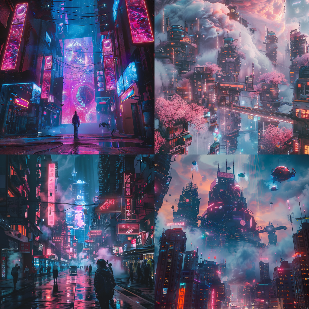 Neljä Midjourneyn luomaa kuvaa unenomaisesta surrealismista cyberpunk-tyyliin.