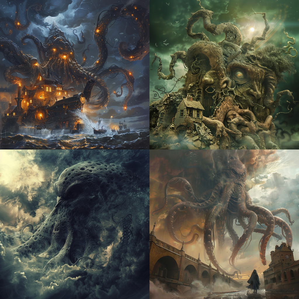 Neljä Midjourneyllä luotua kuvaa unenomaisesta surrealismista lovecraft-tyyliin.