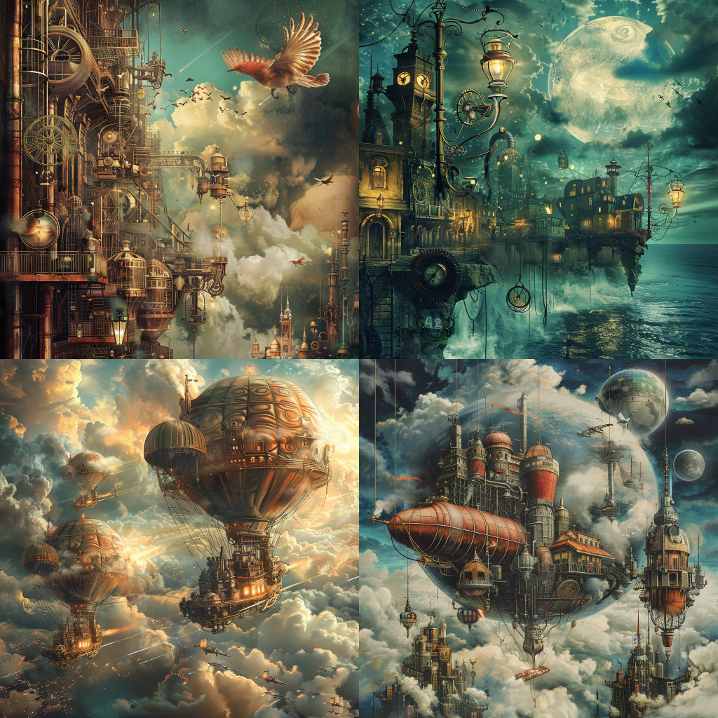 Neljä Midjourneyn luomaa kuvaa unenomaisesta surrealismista steampunk tyyliin.