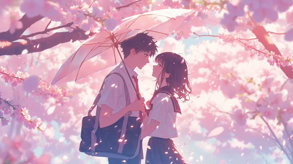 Romanttinen kohtaus värikkäiden sakura-puiden alla.