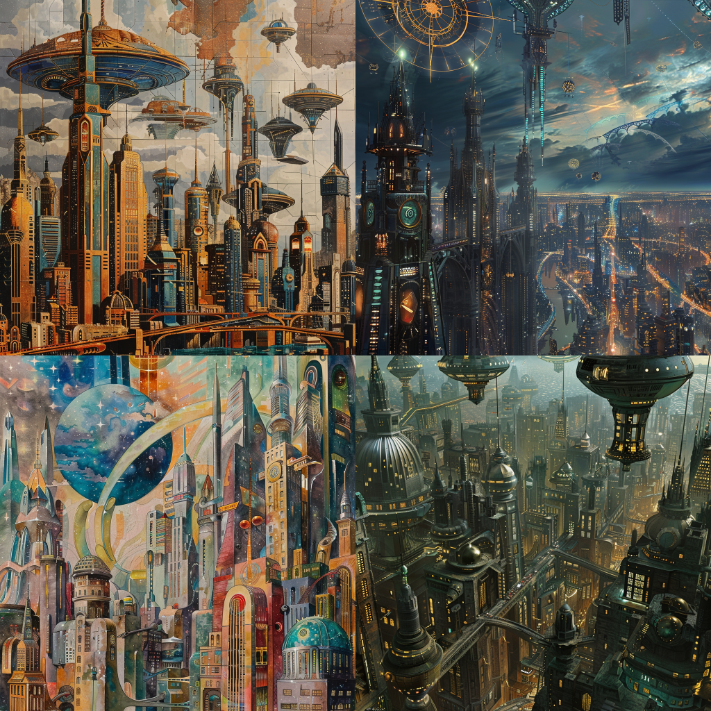 Neljä Midjourneyllä luotua kuvaa futurismin ja steampunkin tyyliin.