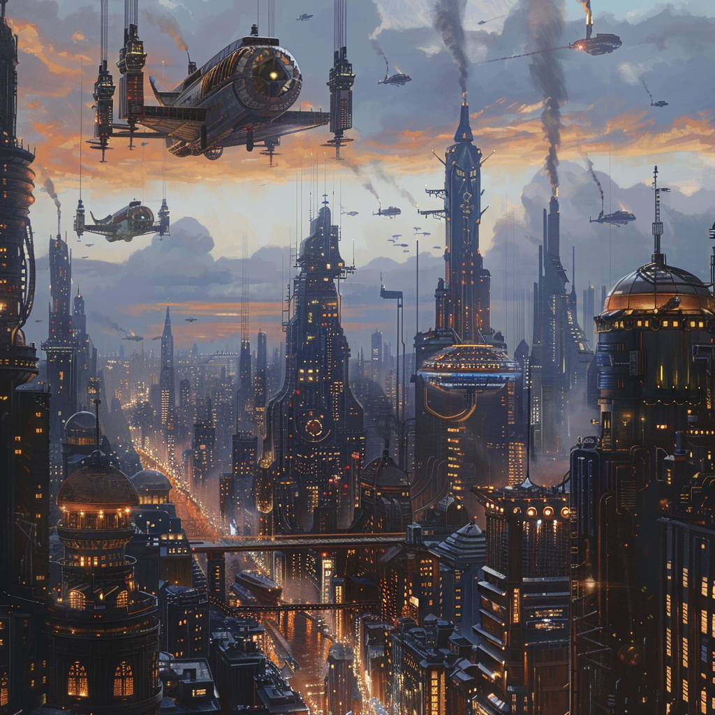 Neljä Midjourneyllä luotua kuvaa futurismin ja steampunkin tyyliin.