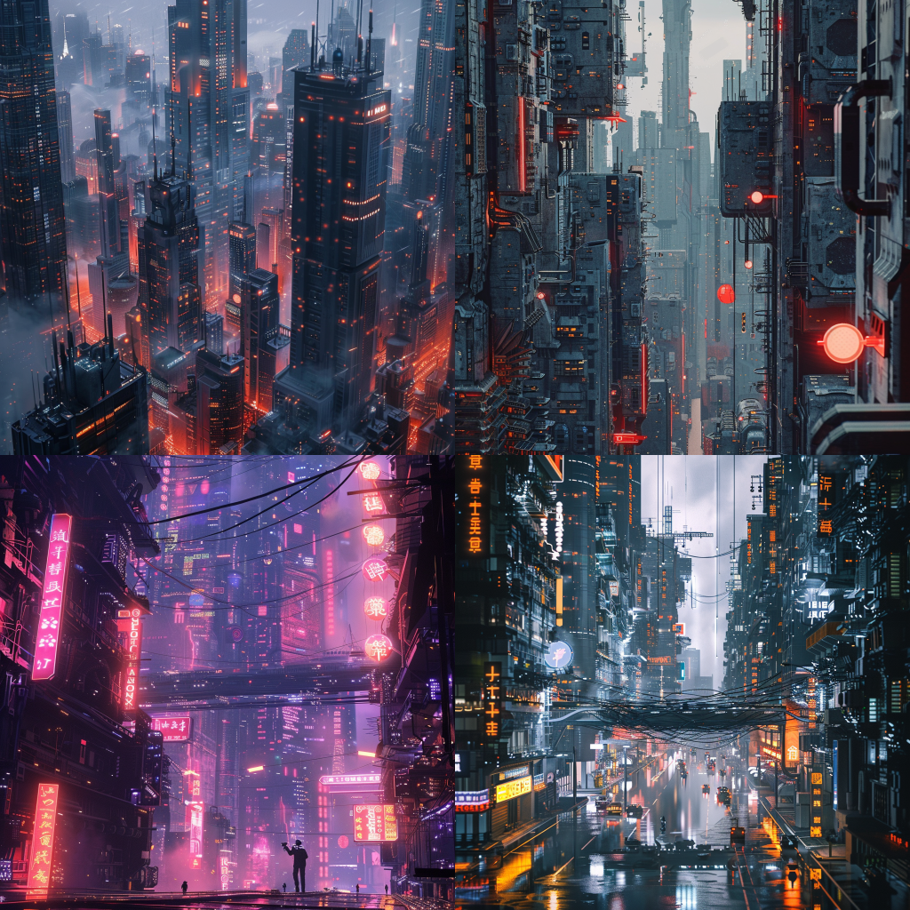 Neljä Midjourneyn luomaa kuvaa dekonstruktionismi ja cyberpunk tyyliyhdistelmällä.