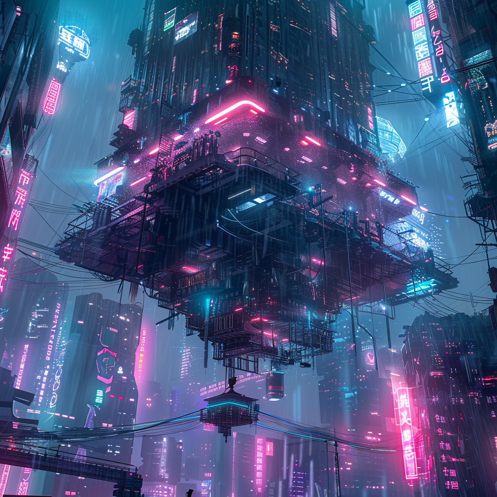 Neljä Midjourneyn luomaa kuvaa dekonstruktionismi ja cyberpunk tyyliyhdistelmällä.