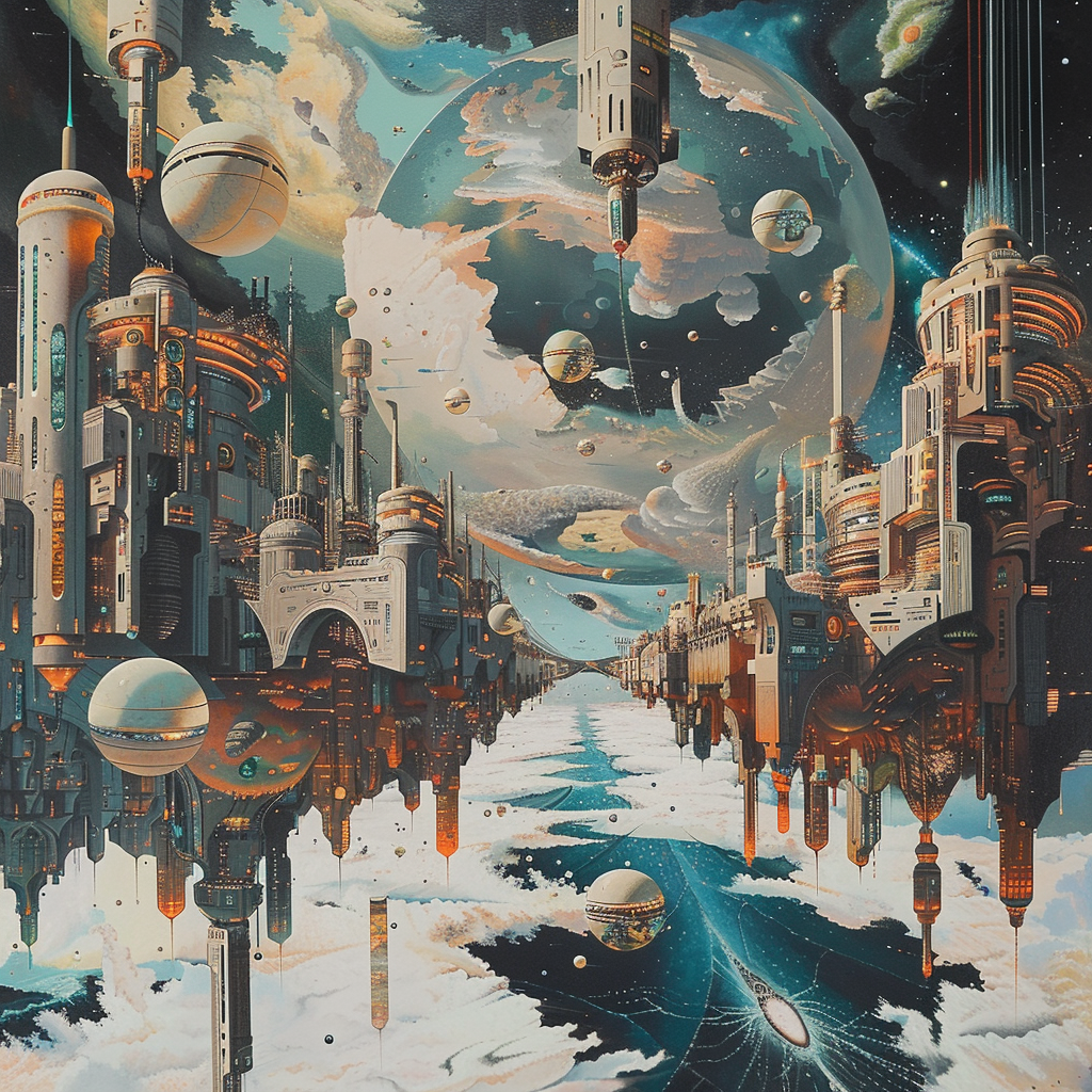 Neljä Midjourneyllä luotua kuvaa futurismin ja surrealismin tyyliin.