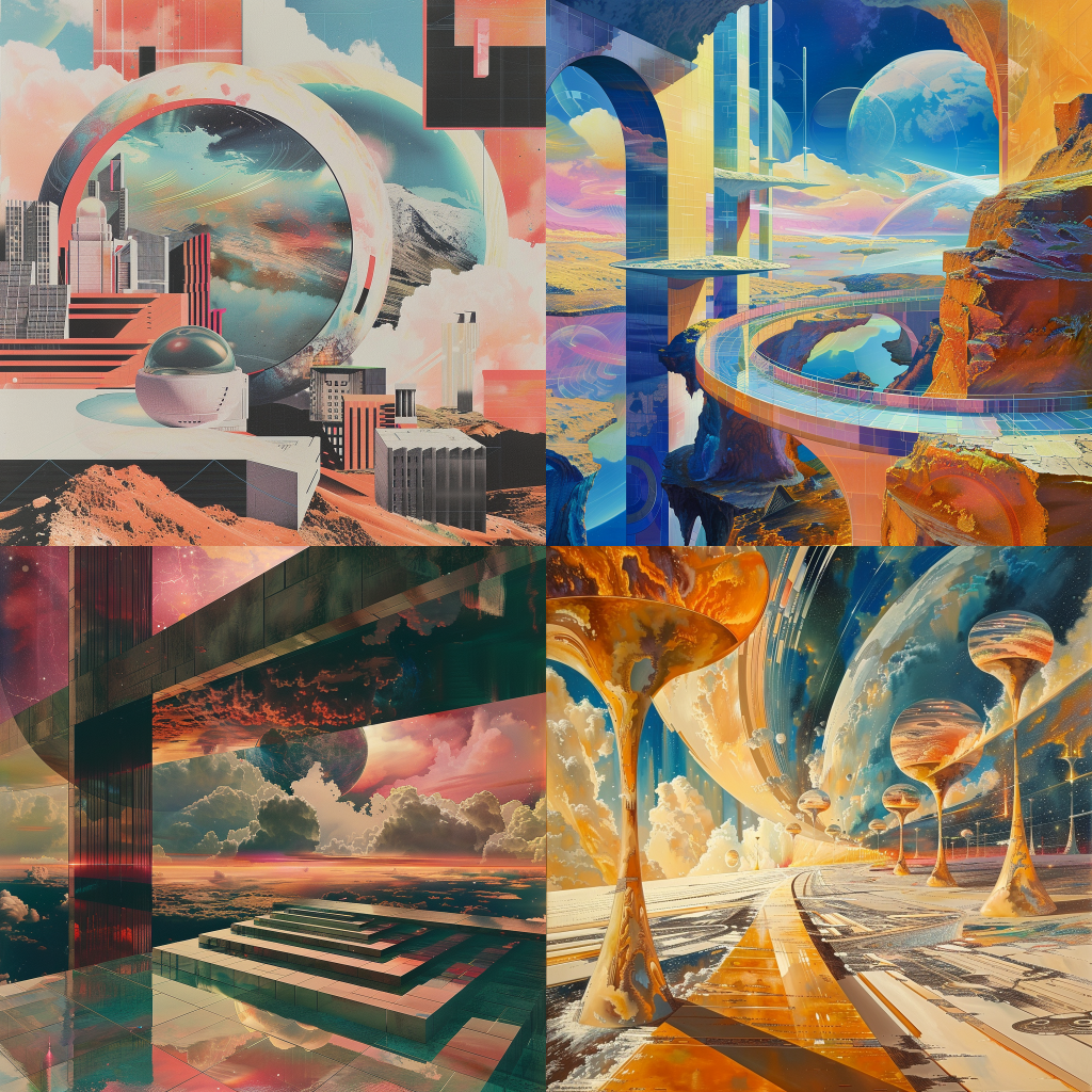 Neljä Midjourneyllä luotua kuvaa unenomaisesta surrealismista futurismin tyyliin.