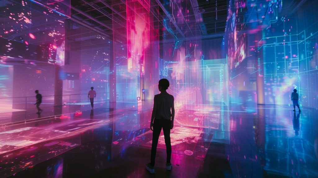 Futuristinen teosnäyttely: AI ja ihmistaiteilijat luovat yhdessä innovatiivisia taideteoksia.