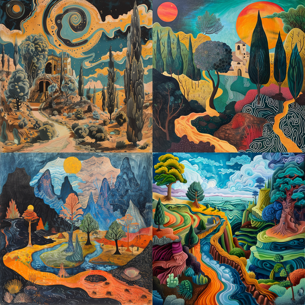 Neljä Midjourneyn luomaa kuvaa sgraffito-tyylillä.